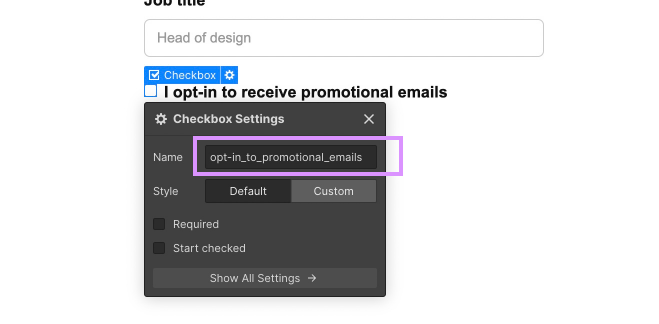 The opt-in field in Webflow