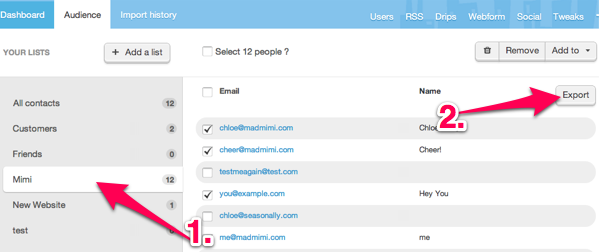 Screenshot of how to export contacts from Mad Mimi