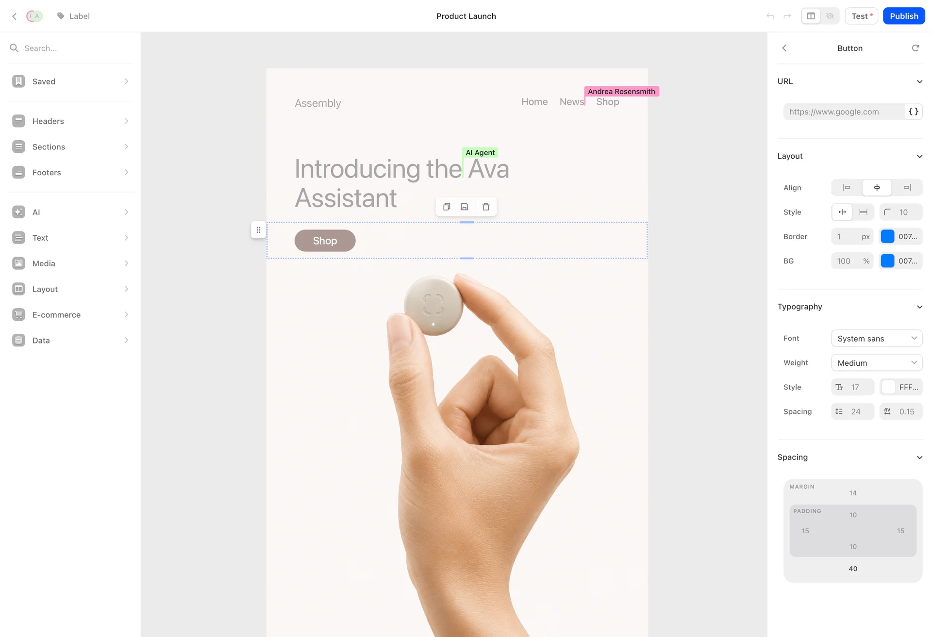 The Audienceful email builder — block library, canvas with a selected button block, and per-block style panel